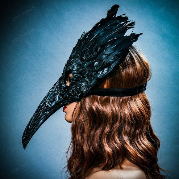 Black Raven Skull Nose w/ Feather Halloween Mask - Picture 5 of 10